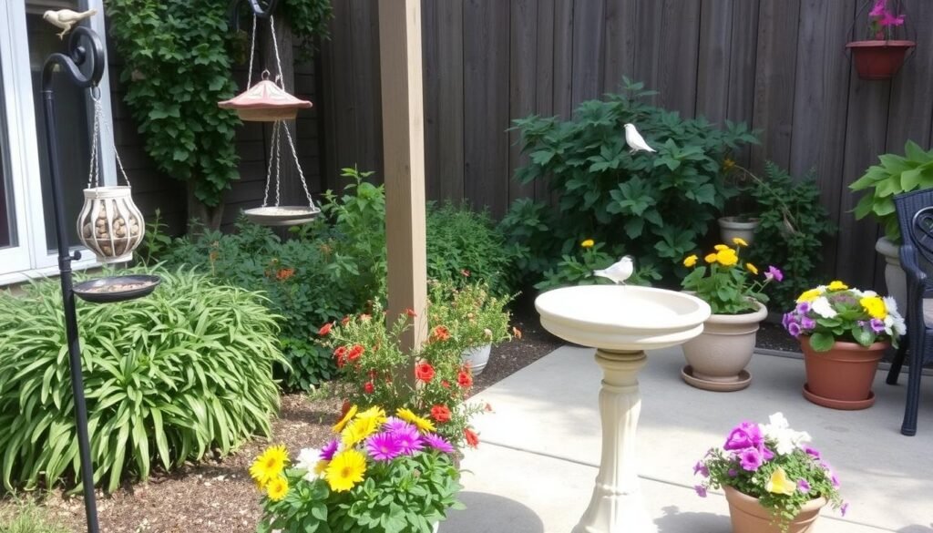 Patio with bird feeders, bird bath, and butterfly-friendly plants