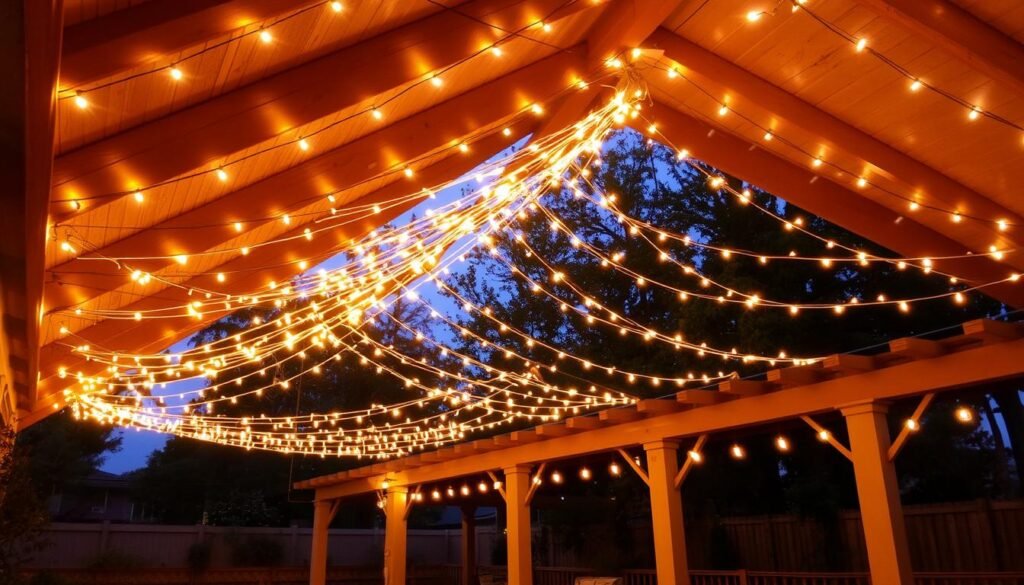 Patio with overhead canopy of string lights creating a ceiling effect