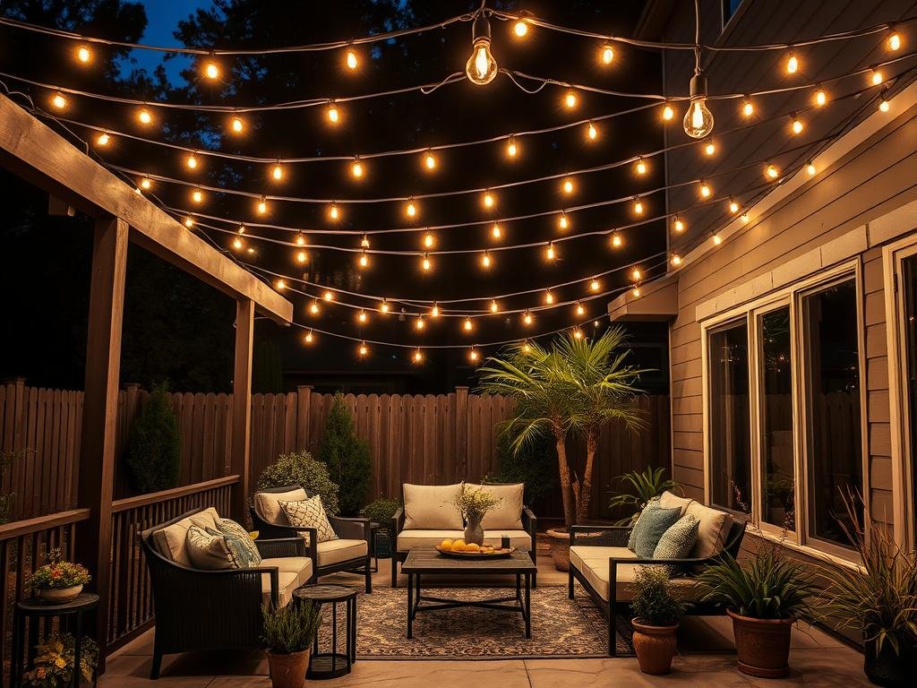 Patio with string lights creating a canopy effect over a seating area at night