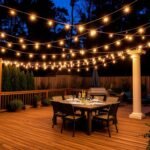 Patio with string lights creating a magical canopy overhead for outdoor dining