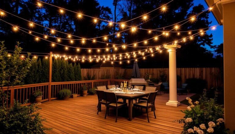 Patio with string lights creating a magical canopy overhead for outdoor dining