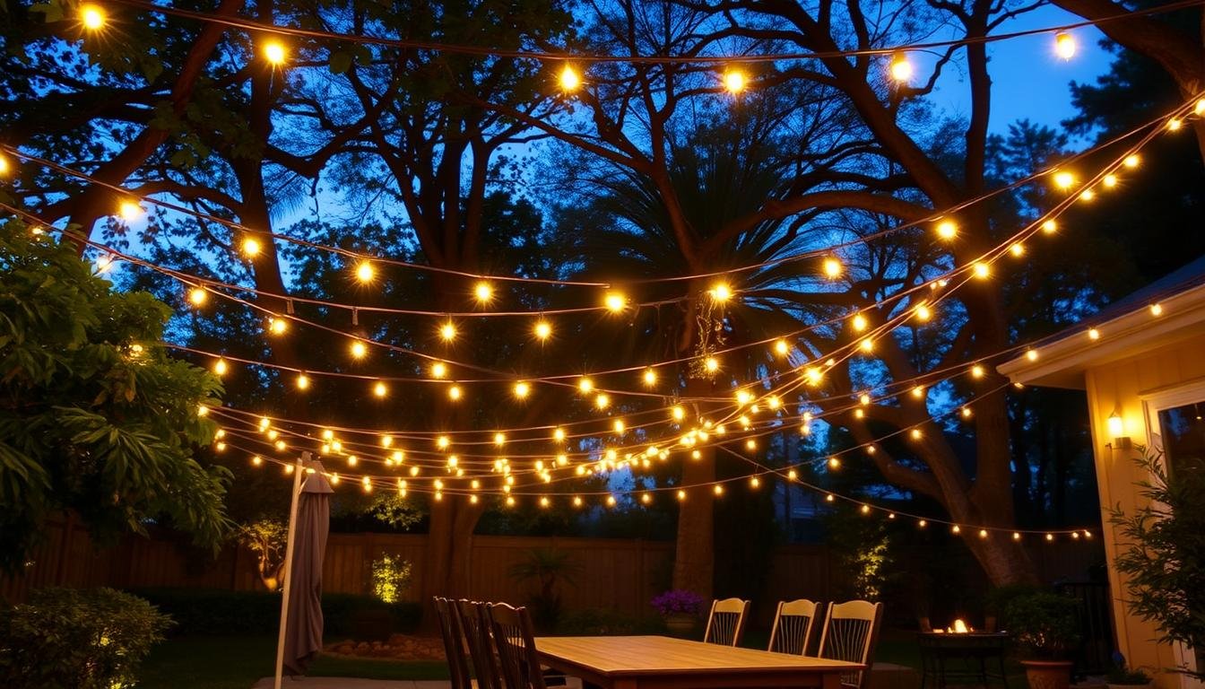 Patio with string lights outdoor creating a magical ambiance at dusk