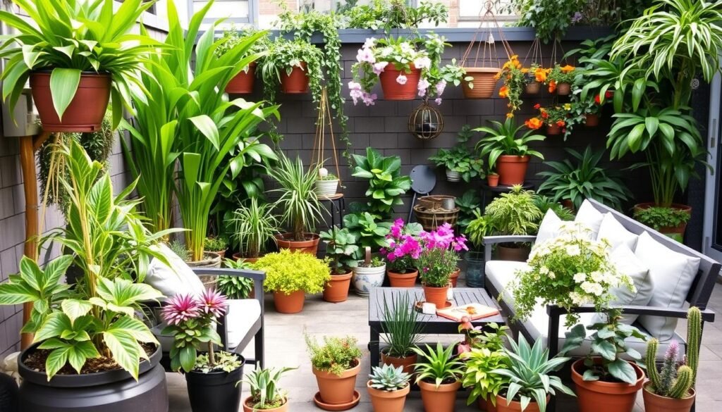 Patio with various potted plants creating a lush garden atmosphere