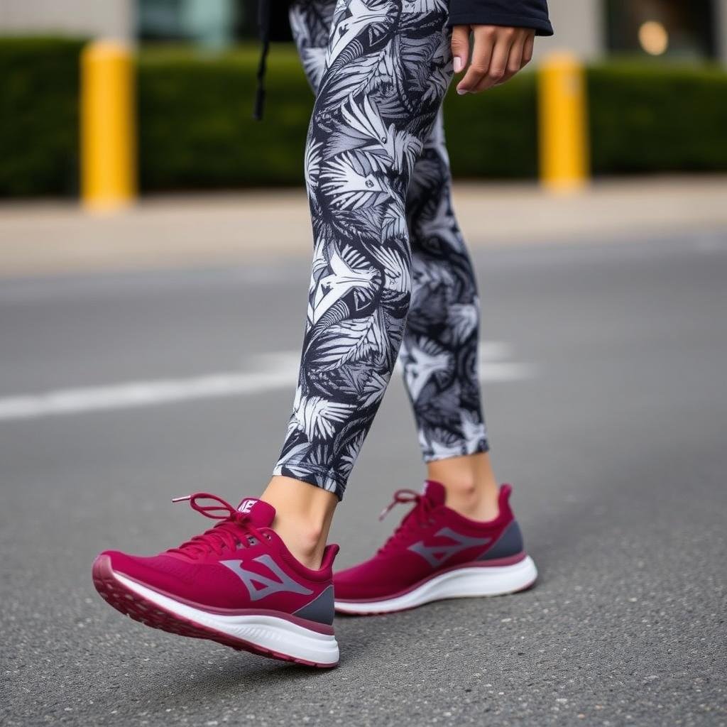 Patterned leggings with coordinating running shoes
