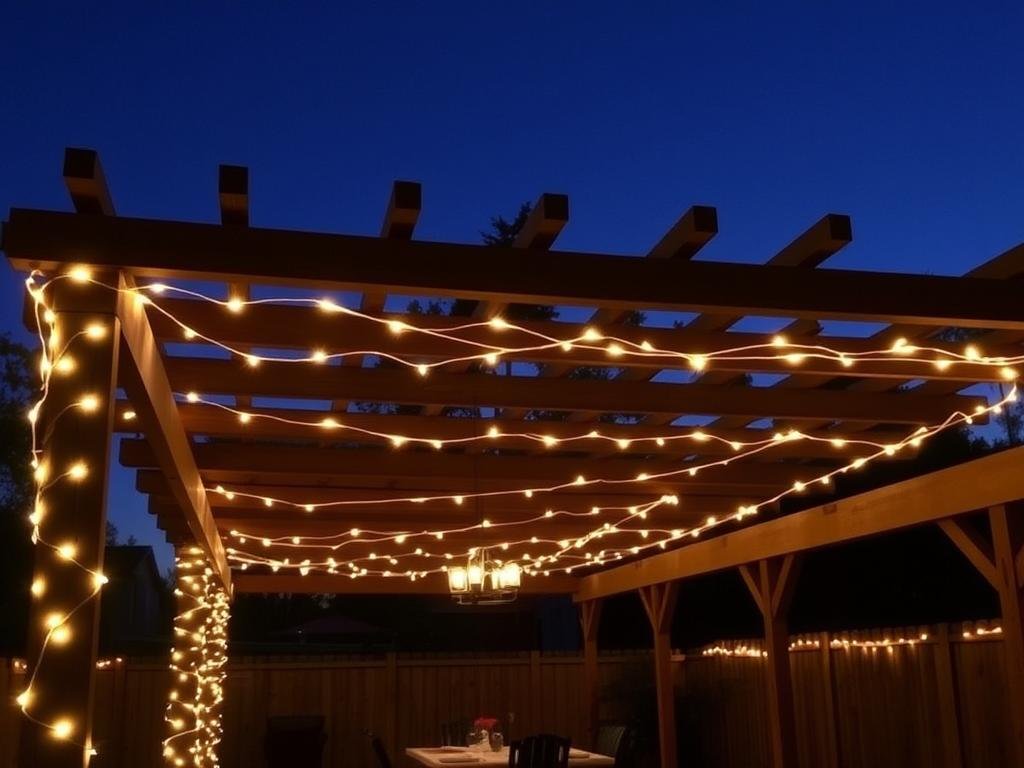 Pergola wrapped with outdoor string lighting creating a cozy dining space underneath Pergola wrapped with outdoor string lighting creating a cozy dining space underneath