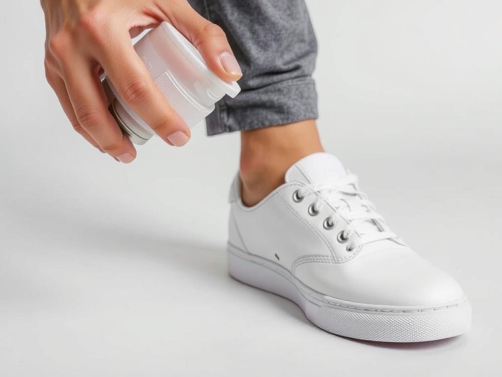 Person applying protective spray to white shoes