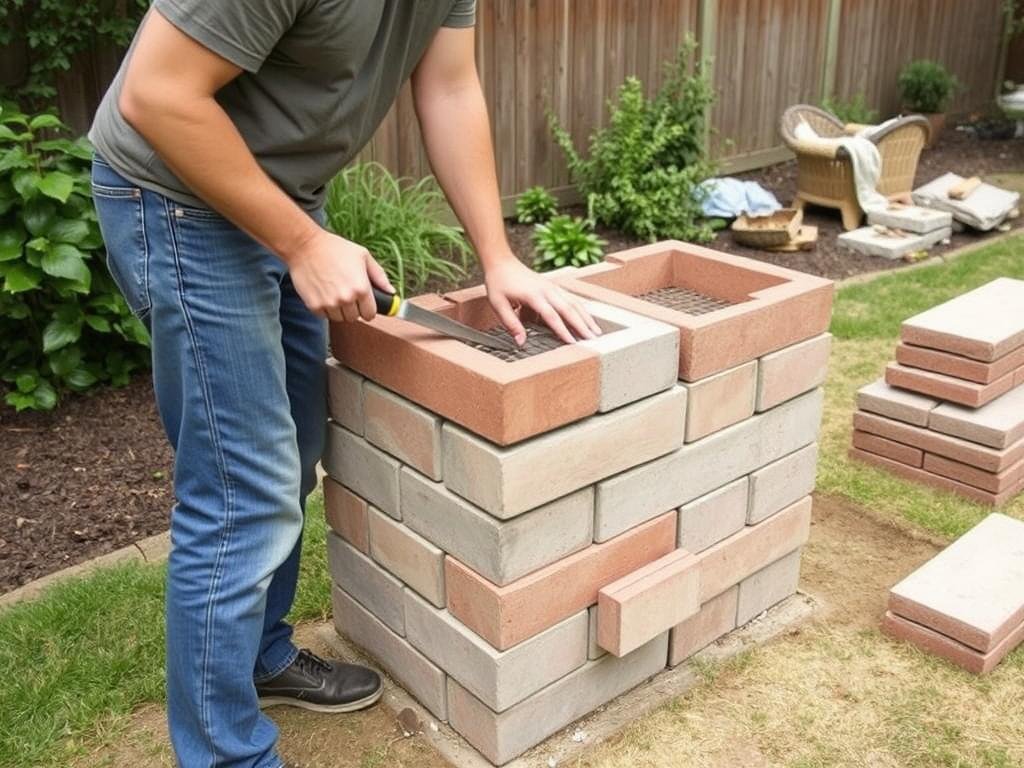 Person building an outdoor grill with basic tools and materials