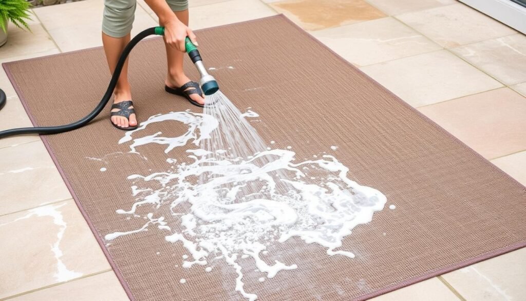 Person cleaning a waterproof outdoor rug with a hose