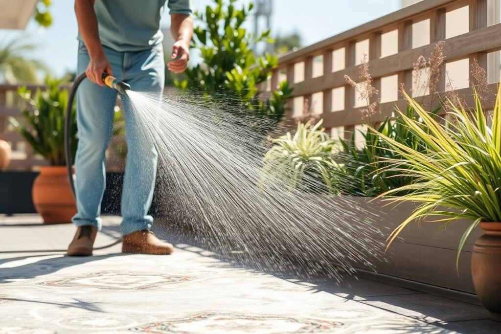 Person cleaning an outdoor rug with a hose, demonstrating proper maintenance