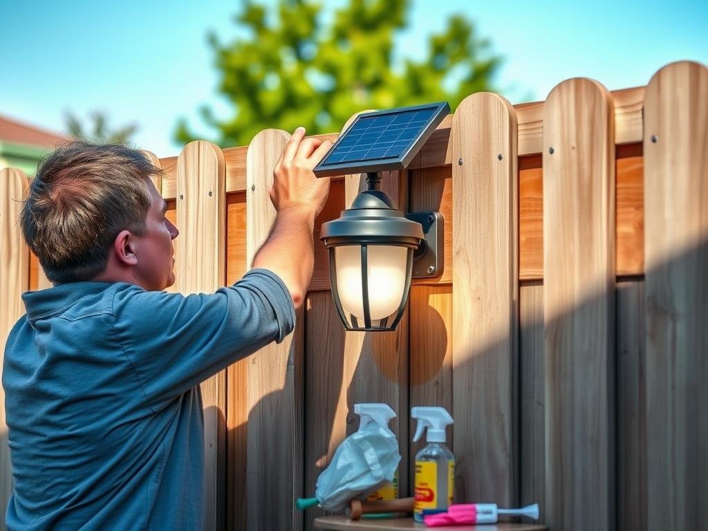 Person cleaning and maintaining outdoor fence lights to ensure longevity