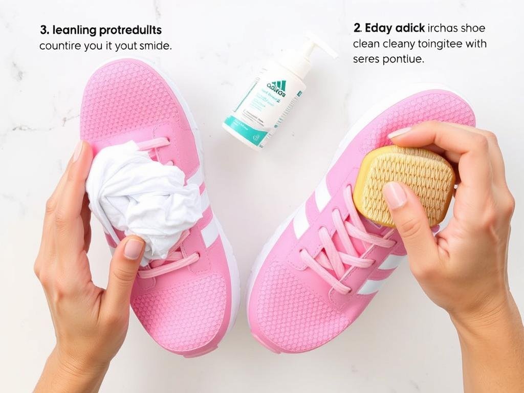 Person cleaning pink adidas shoes with appropriate cleaning supplies and techniques