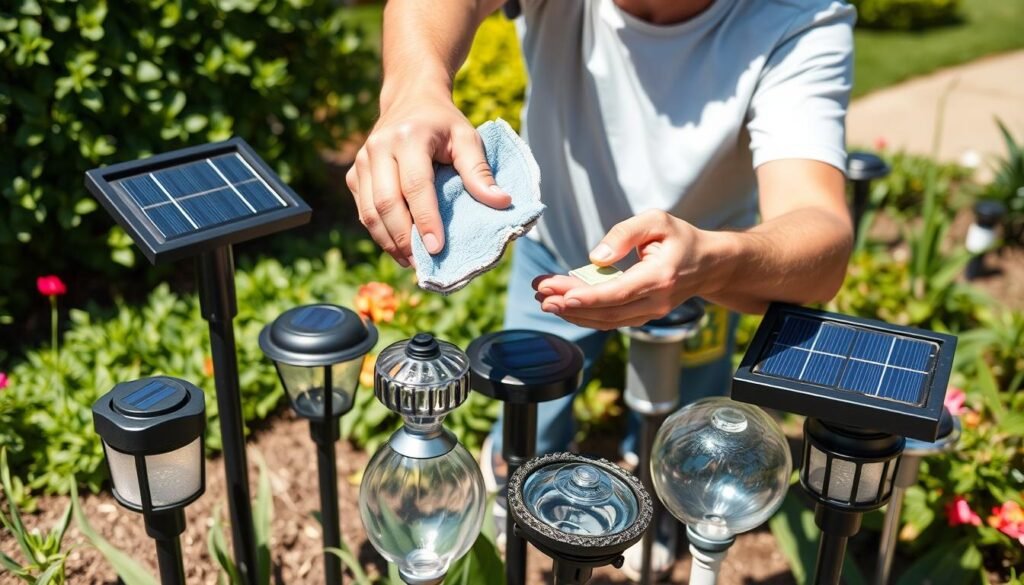 Person cleaning solar panels on garden lights, demonstrating maintenance of solar lights ideas outdoor