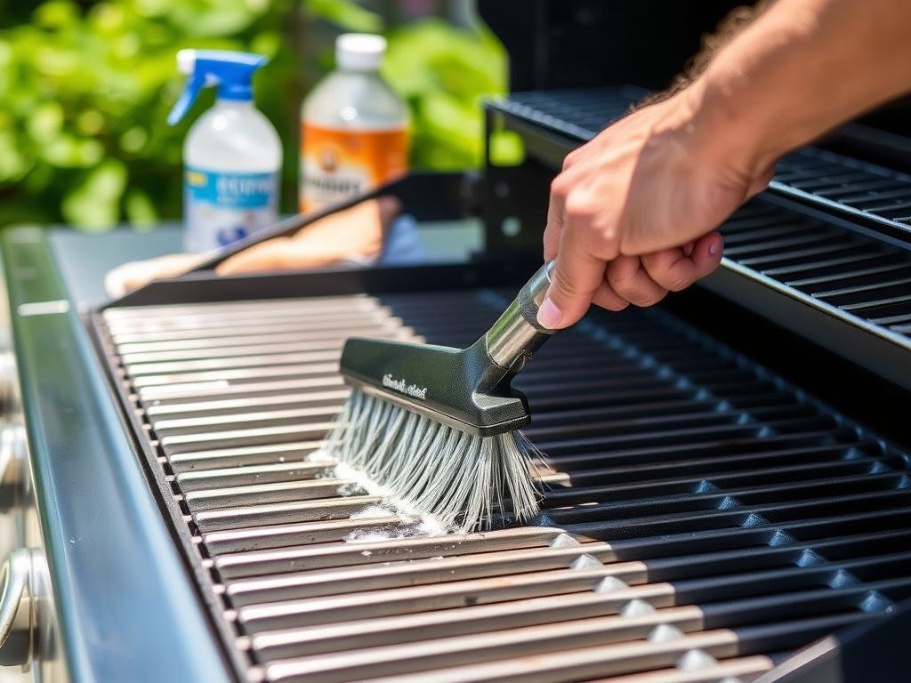 Person cleaning stainless steel grill grates outdoors
