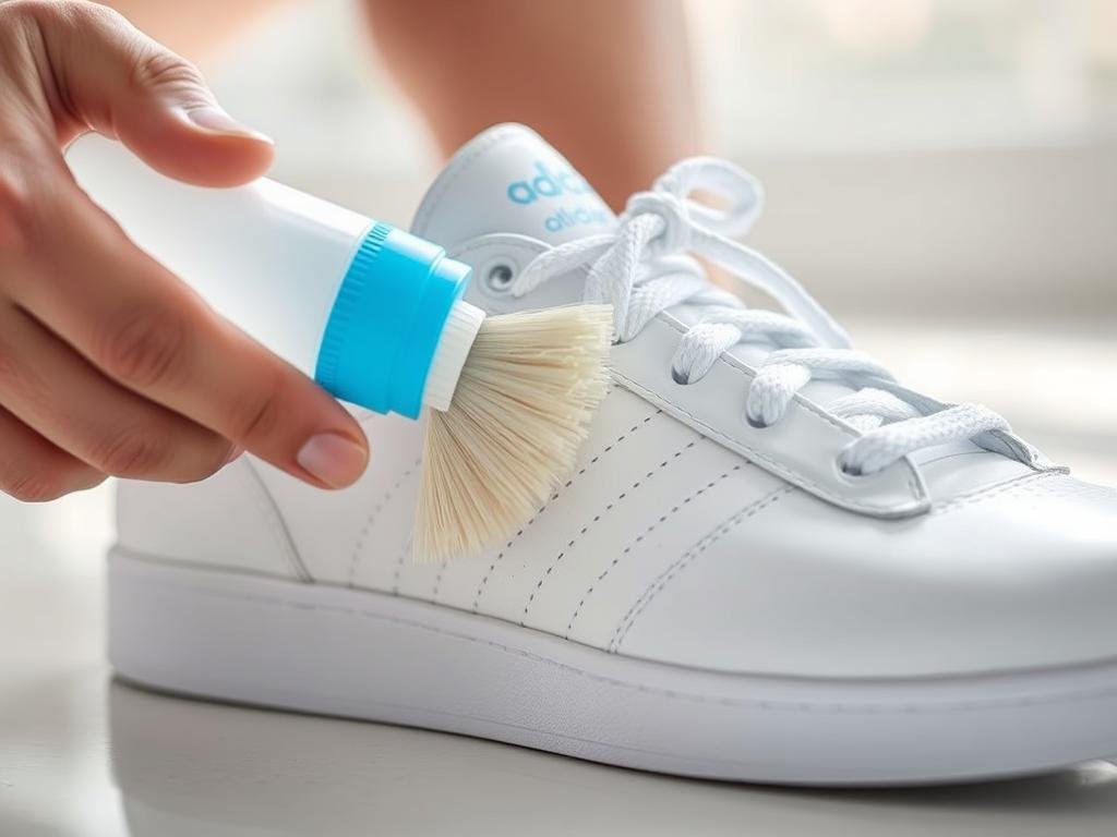 Person cleaning white Adidas sneakers with brush and cleaning solution