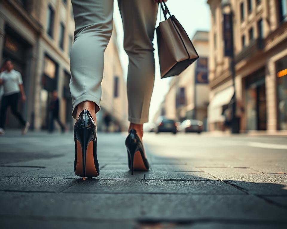 Person confidently walking in designer shoes symbolizing style and quality