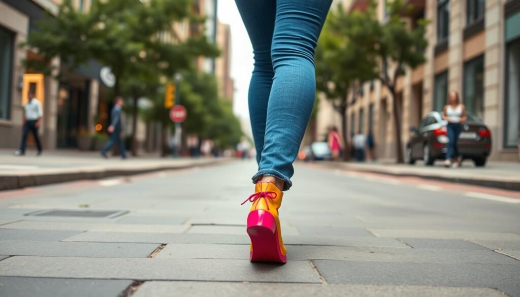 Person confidently walking in vibrant funky shoes, showcasing self-expression through footwear