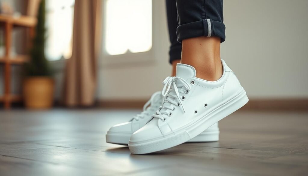 Person confidently wearing white tennis shoes as part of a stylish outfit