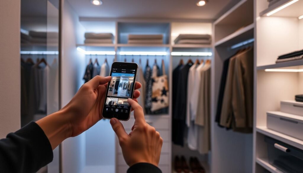 Person controlling closet lighting with smartphone app showing different lighting scenes
