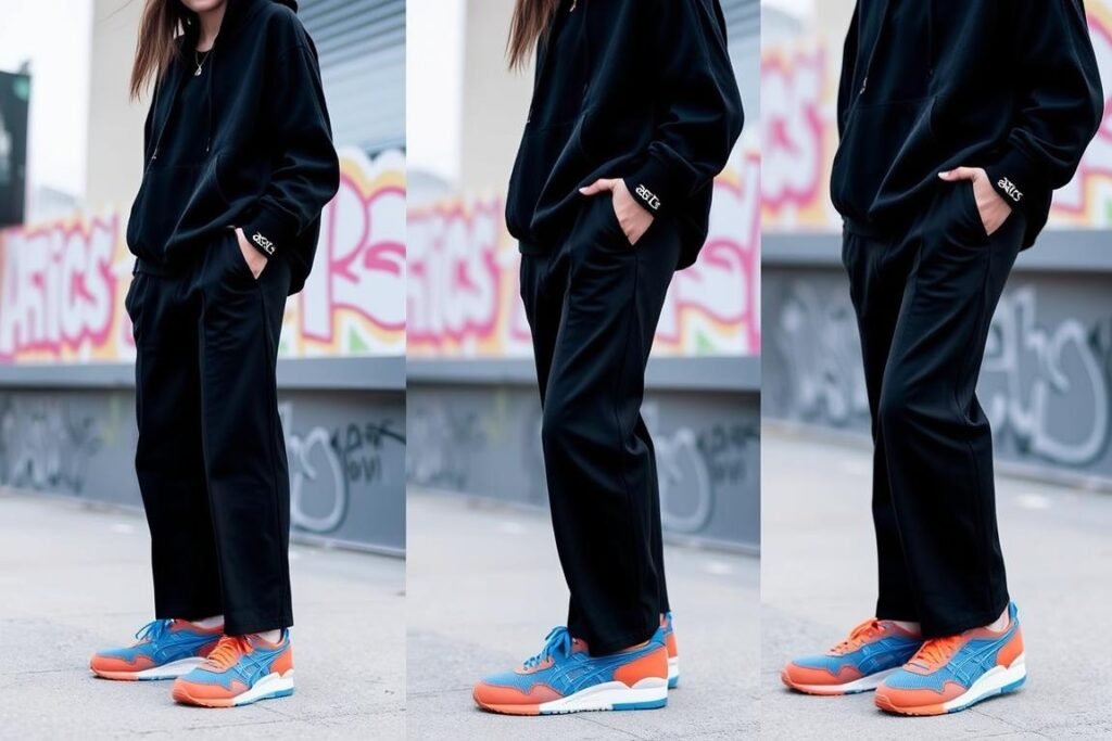 Person in all-black outfit with colorful ASICS Gel-Lyte III sneakers