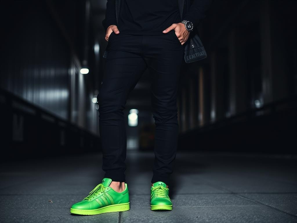 Person in all-black outfit with green Adidas sneakers as the focal point