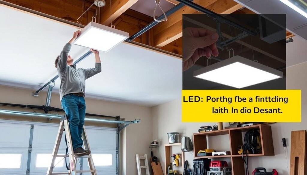 Person installing LED shop lights in garage ceiling