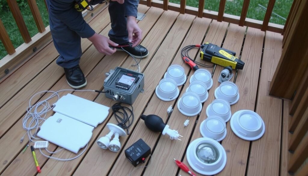 Person installing deck lighting with tools and components laid out Person installing deck lighting with tools and components laid out