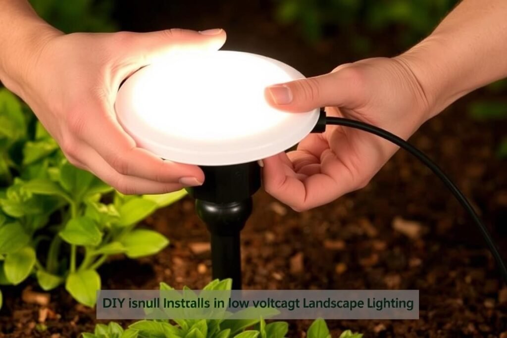 Person installing low-voltage landscape lighting in a garden