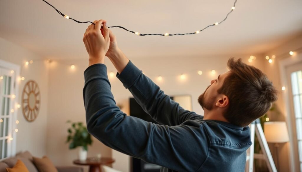 Person installing string lights in a living room using removable adhesive hooks and cord management techniques
