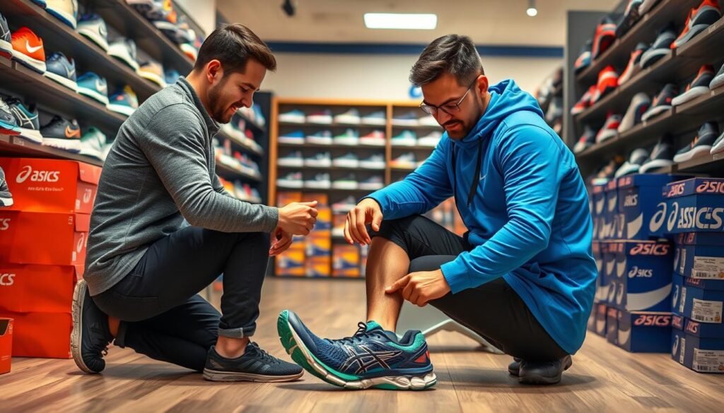 Person trying on ASICS shoes in a store with a sales associate providing guidance