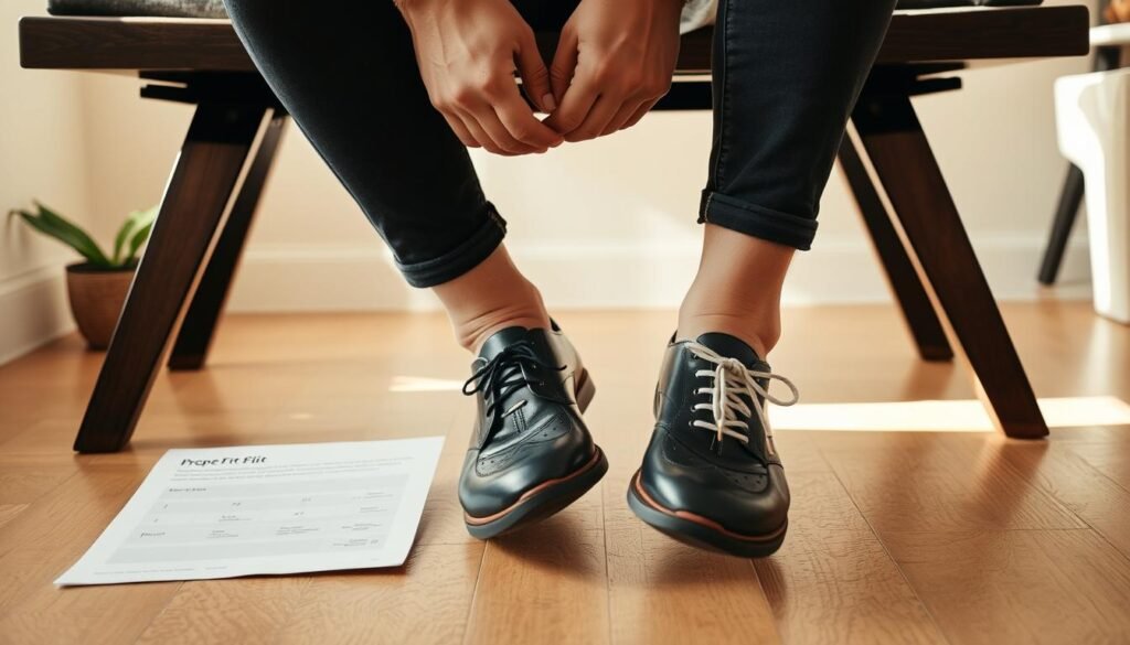 Person trying on shoes with a shoe fitting guide visible nearby