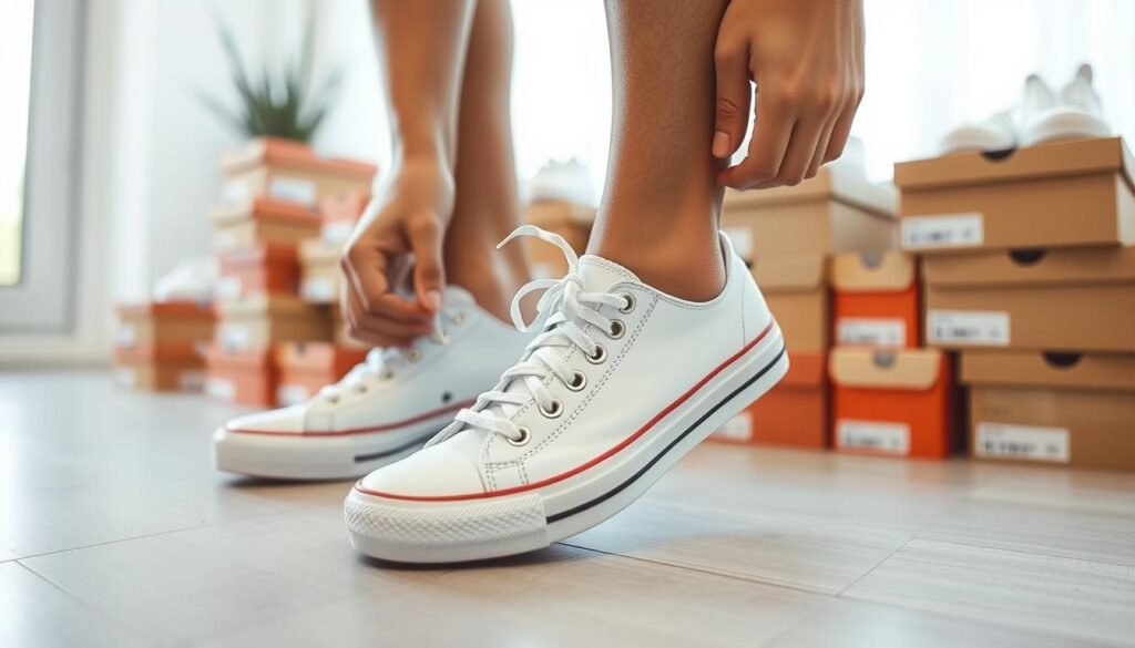 Person trying on white tennis shoes with focus on proper fit and sizing