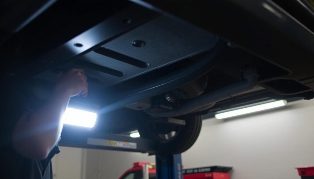Person using a portable LED work light while working under a car in garage