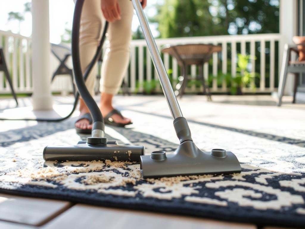Person vacuuming an outdoor rug