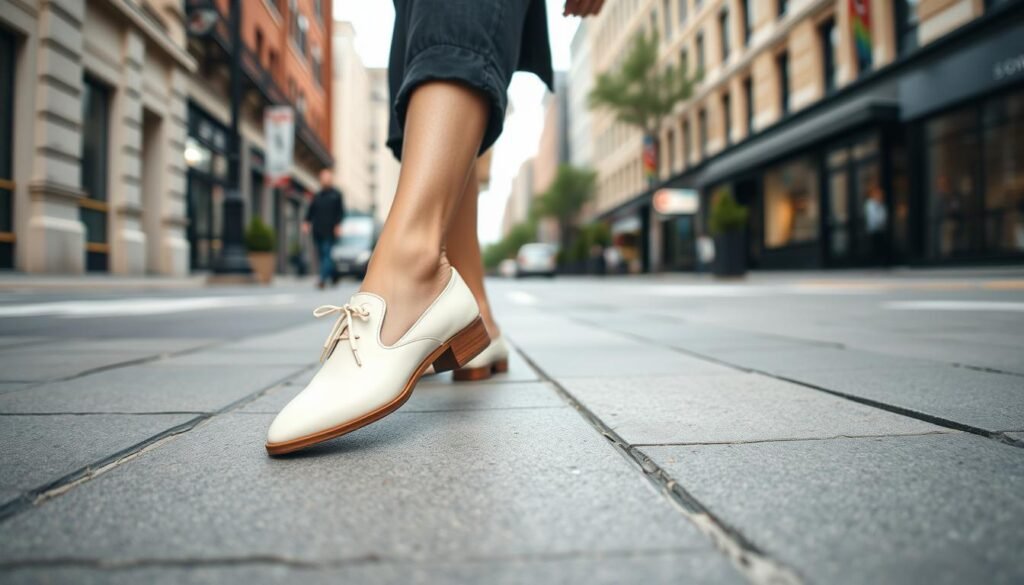 Person walking confidently in stylish off white shoes