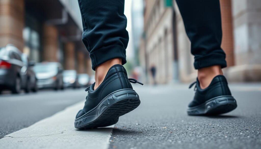 Person walking confidently wearing stylish black tennis shoes