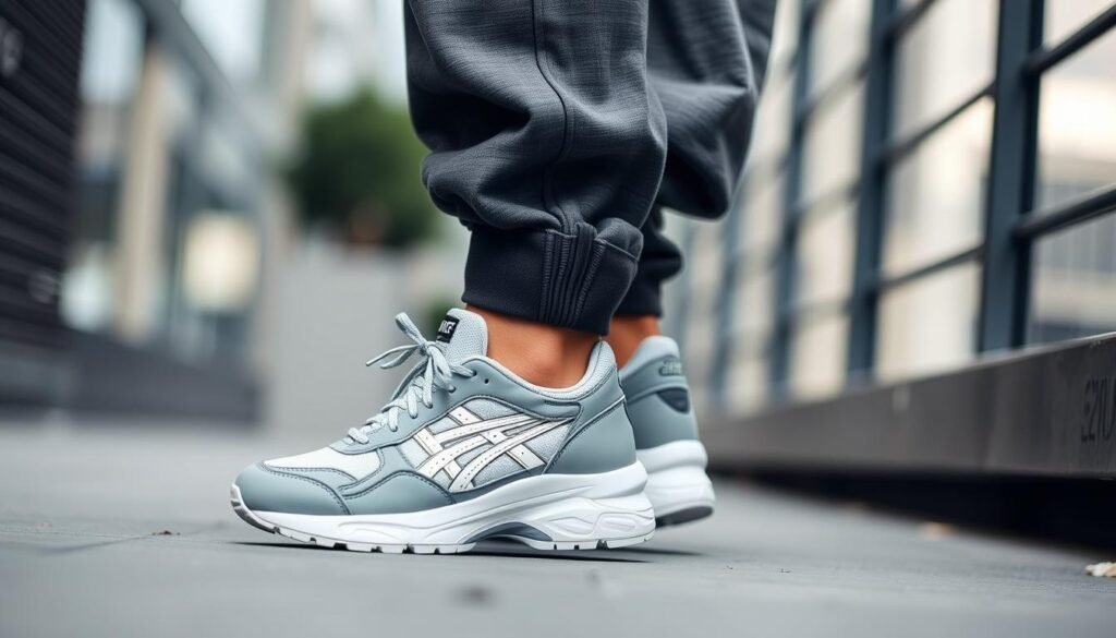 Person wearing ASICS Gel-Kayano sneakers with wide-leg pants and oversized top