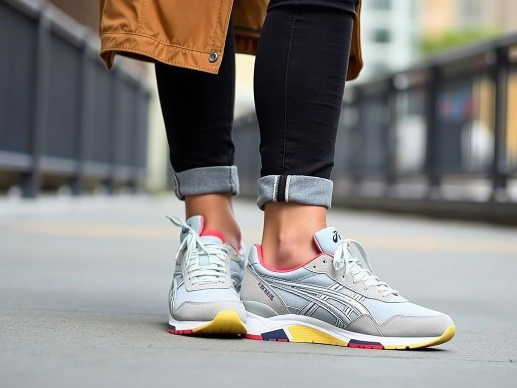 Person wearing ASICS sneakers with coordinated cap and casual outfit