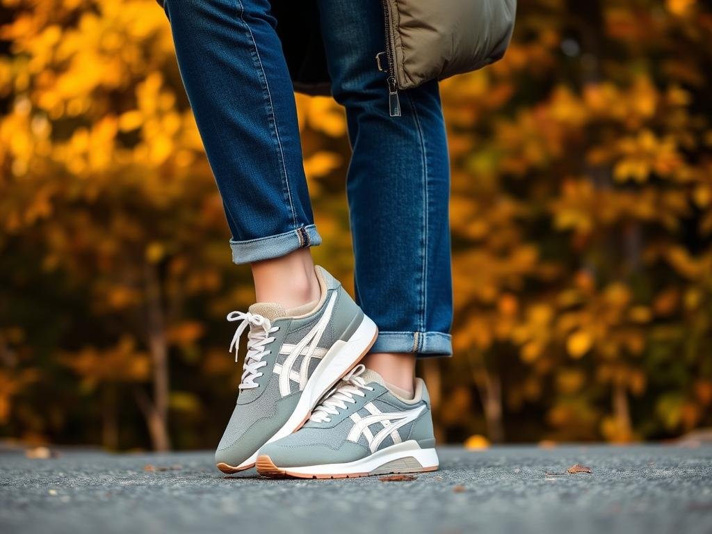 Person wearing ASICS sneakers with jeans and fall layers