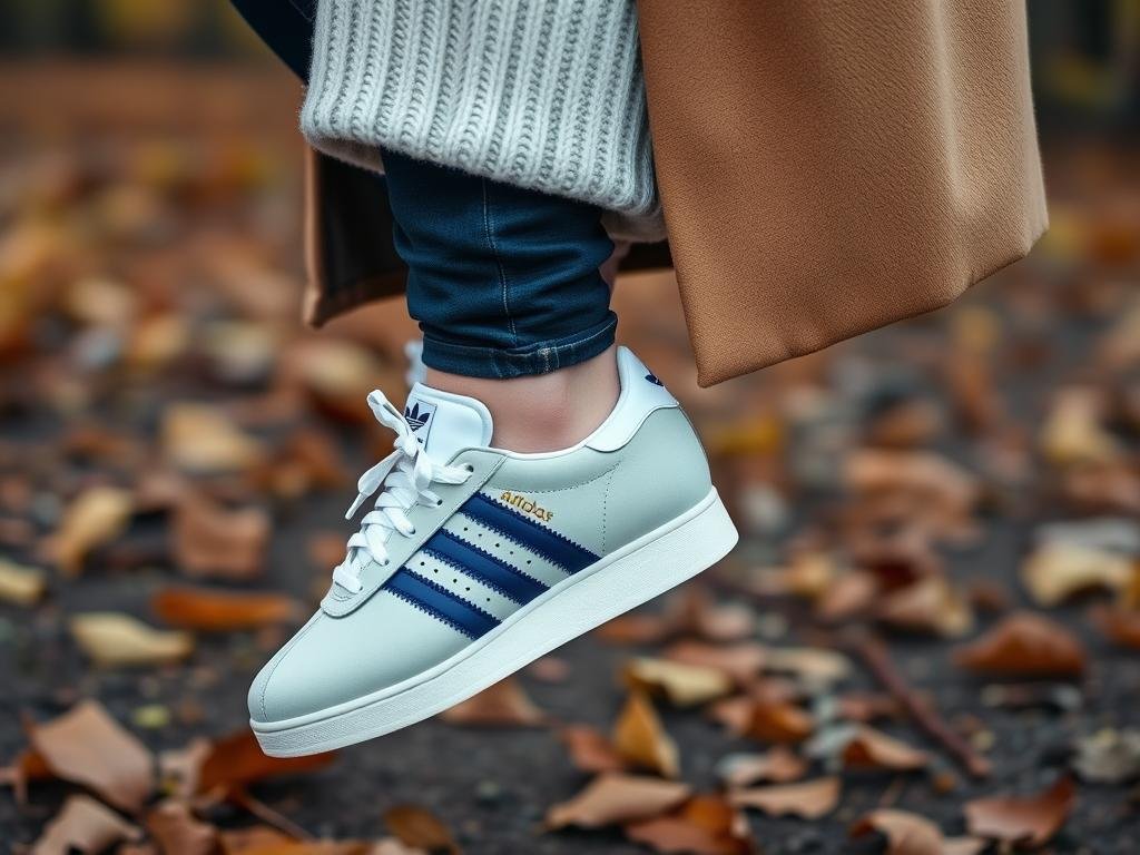 Person wearing Adidas Sambas with jeans, sweater and coat in a fall setting