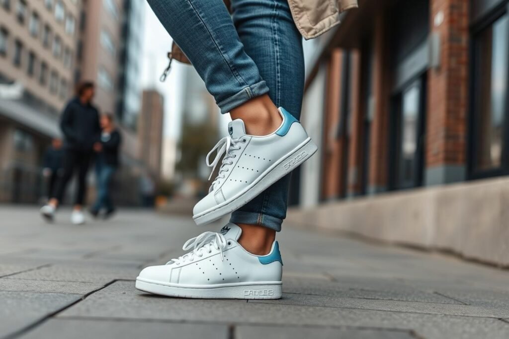 Person wearing Adidas Stan Smith shoes with jeans and a casual outfit