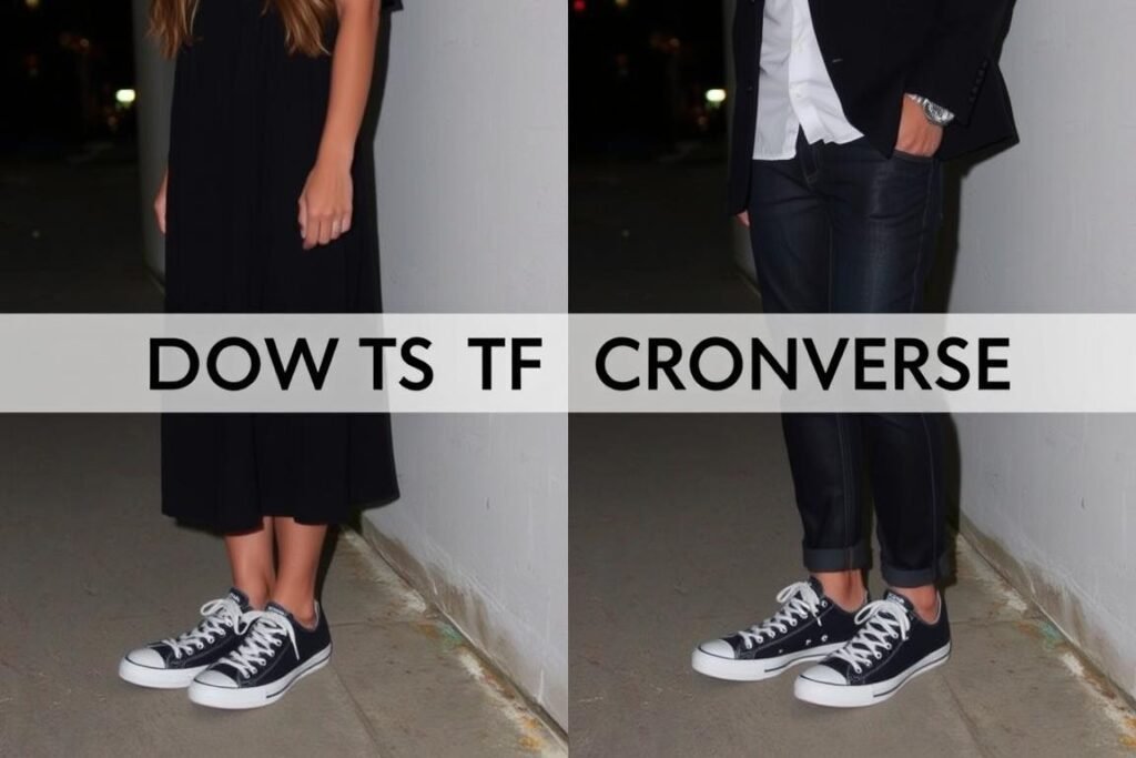 Person wearing Converse sneakers with a dressy casual outfit for a night out