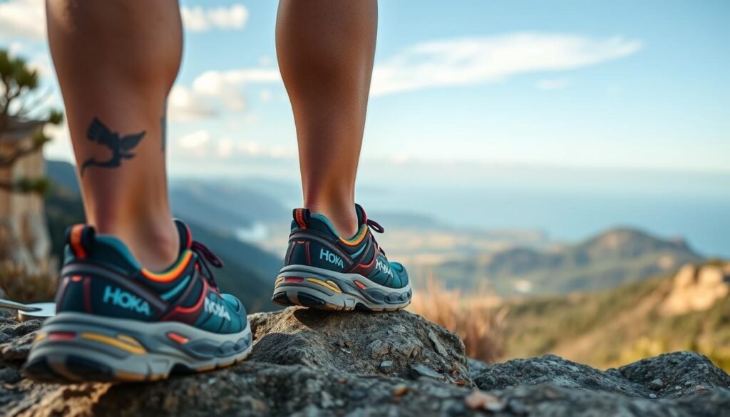 Person wearing Hoka shoes standing on a scenic overlook, representing the journey and adventure that quality footwear enables