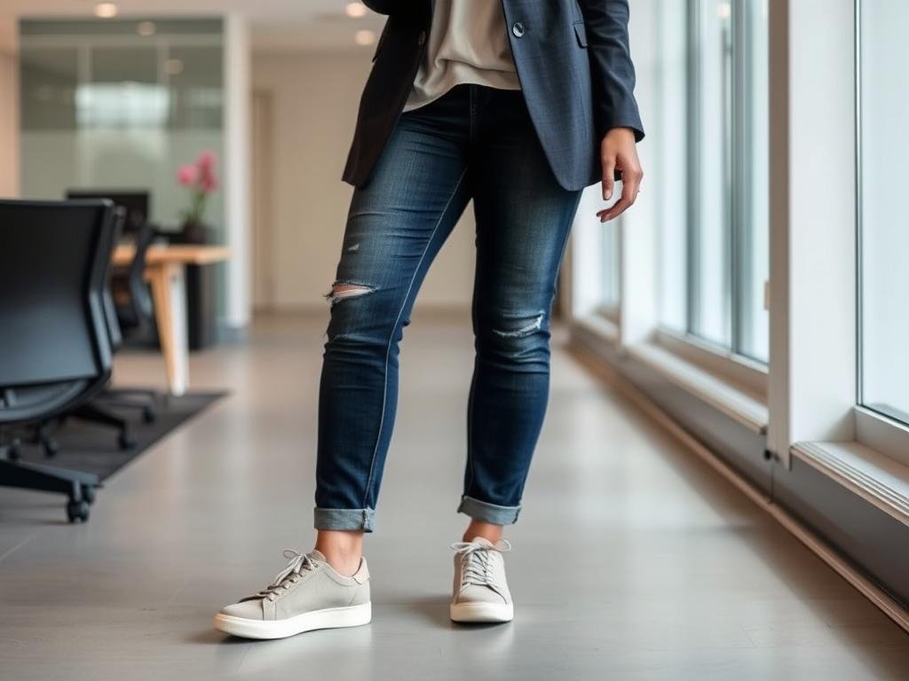 Person wearing On Cloud shoes with dark jeans and a structured blazer for a smart casual on cloud shoes outfit Person wearing On Cloud shoes with dark jeans and a structured blazer for a smart casual on cloud shoes outfit