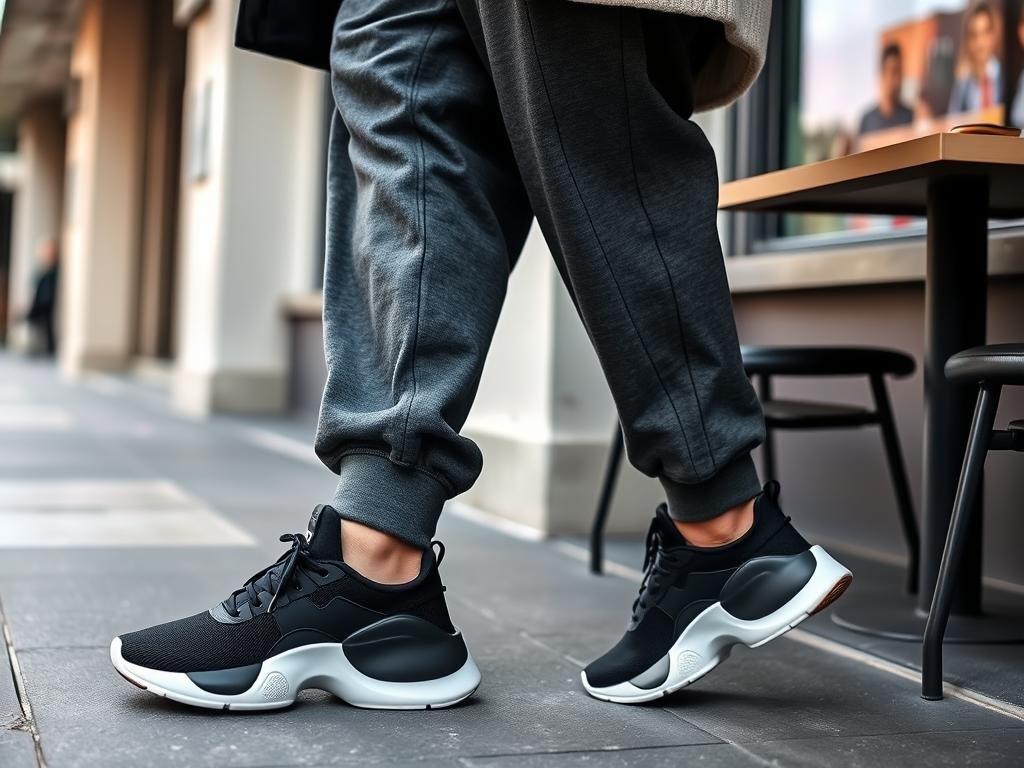 Person wearing On Cloud shoes with premium joggers and an oversized sweater for an elevated athleisure on cloud shoes outfit Person wearing On Cloud shoes with premium joggers and an oversized sweater for an elevated athleisure on cloud shoes outfit
