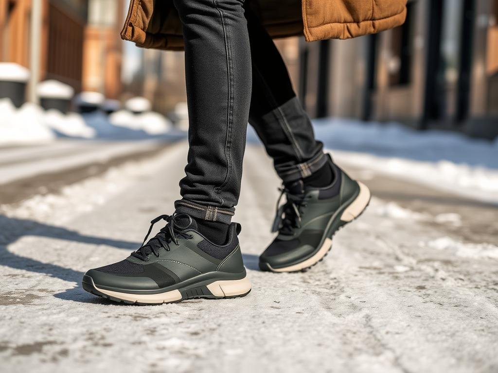 Person wearing On Cloud shoes with winter layers and a coat for a cold-weather on cloud shoes outfit Person wearing On Cloud shoes with winter layers and a coat for a cold-weather on cloud shoes outfit