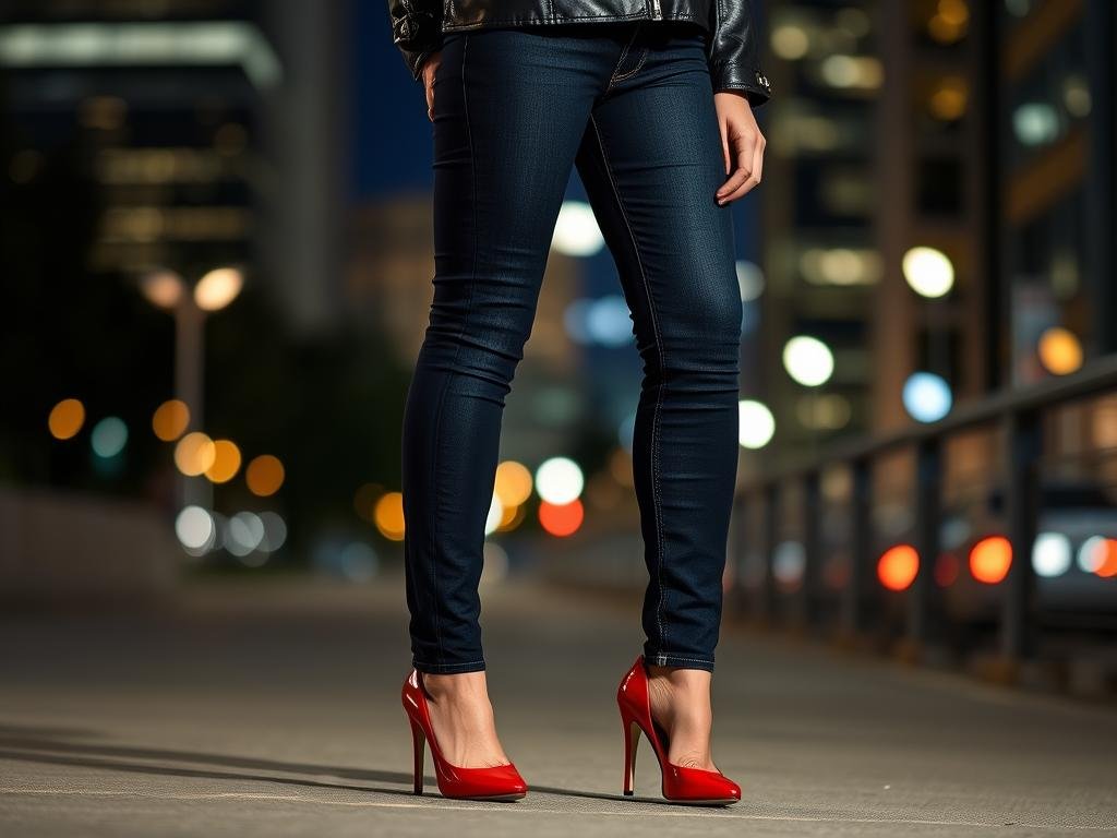 Person wearing a black leather jacket, jeans and red heels for an evening date look