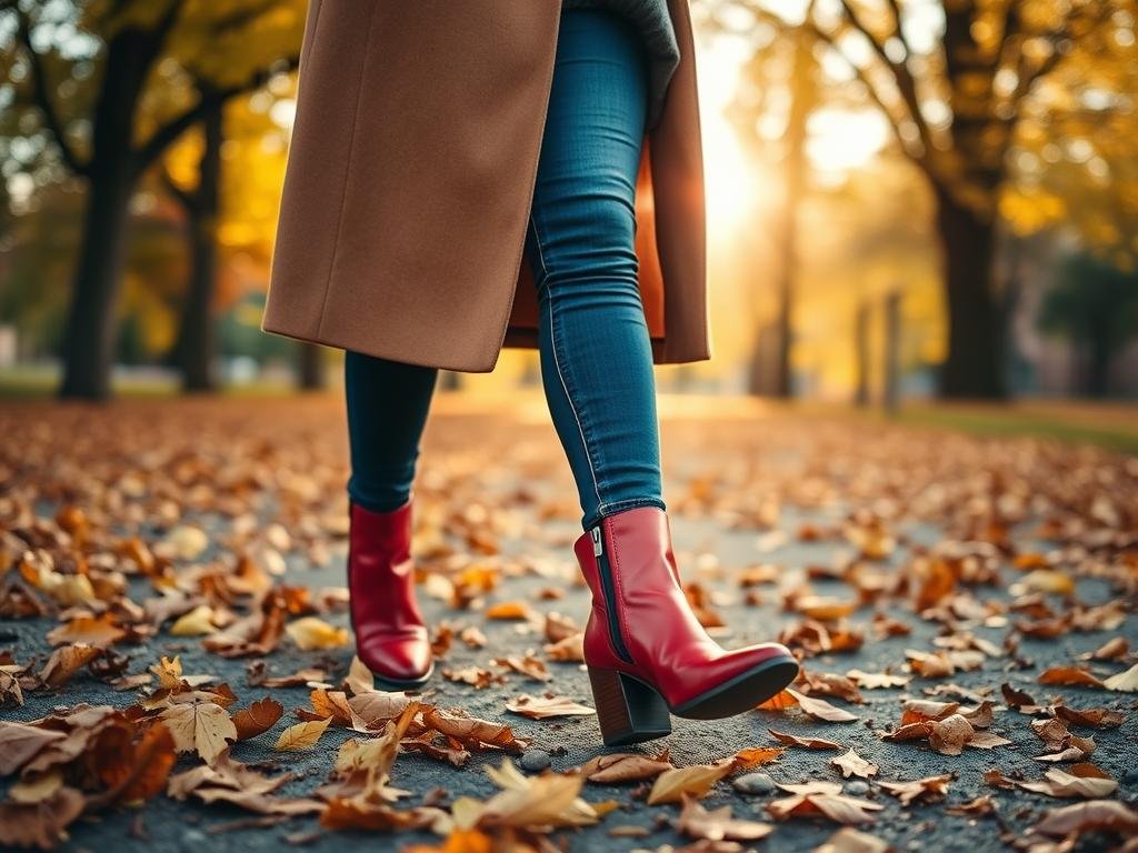 Person wearing a camel coat, jeans and red ankle boots walking through autumn leaves