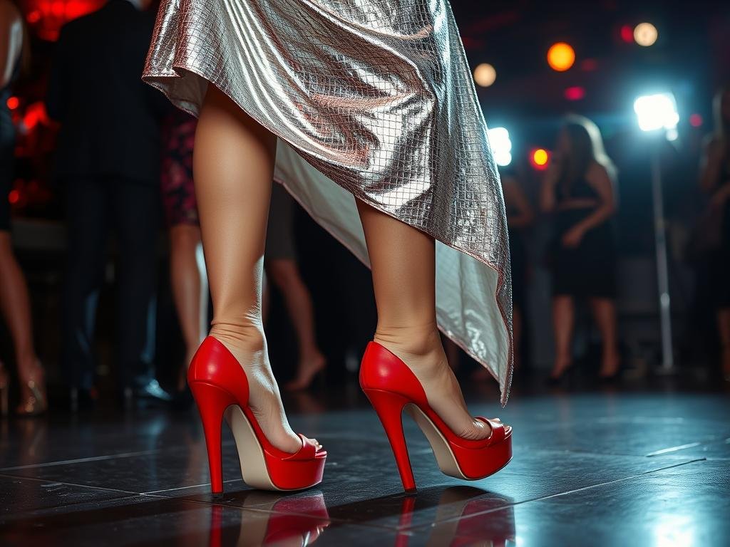 Person wearing a silver metallic dress paired with red platform heels at a nighttime event