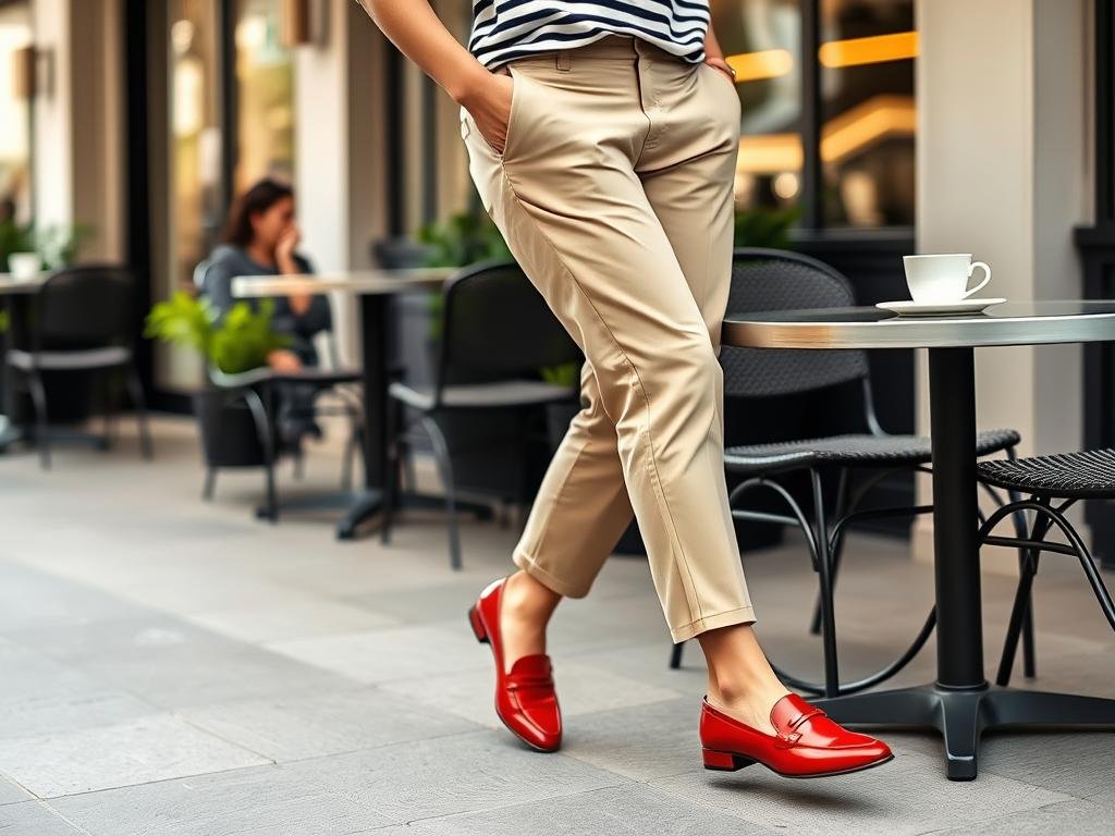 Person wearing a striped tee, cropped pants and red loafers at an outdoor cafe