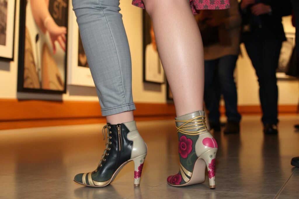 Person wearing artistic funky shoes at an art gallery opening